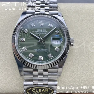 Rolex DateJust 36 126234 Clean 1:1 Best Edition 904L Steel Green Leaves Dial Diamonds markers on SS Jubilee Bracelet VR3235 - Super Clone Watch | 1:1 Best Version