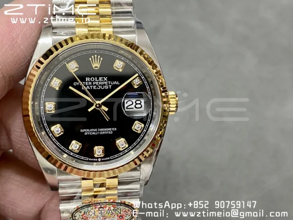 Rolex DateJust 36 126233 Clean 1:1 Best Edition 904L Steel Black Diamonds Dial on SS/YG Jubilee Bracelet VR3235 - Super Clone Watch | 1:1 Best Version