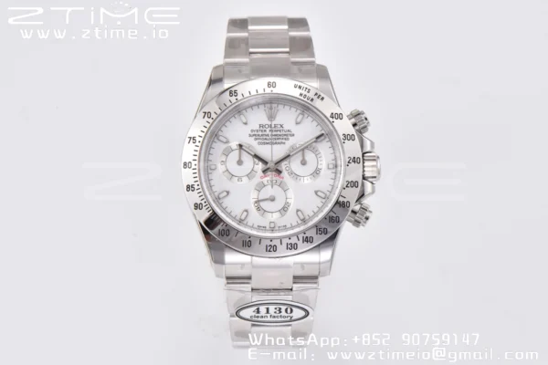 Rolex Daytona 116520 Clean Factory 1:1 Best Edition 904L SS Cassa e Bracciale Quadrante Bianco SA4130 v2 - Orologio Super Clone | 1:1 Best Version