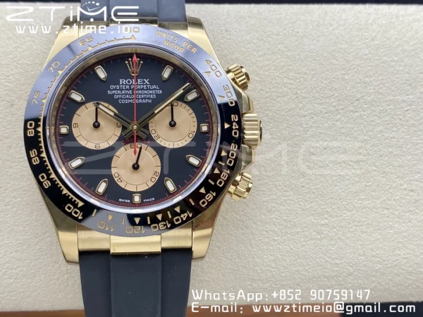 Rolex Daytona 116518 Clean Factory YG 1:1 Best Edition Black/YG Dial on Oysterflex Rubber Strap SA4130 V2 - Super Clone Watch | 1:1 Best Version