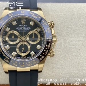 Rolex Daytona 116518 YG Clean Factory 1:1 Best Edition Black Ceramic Bezel Black Diamonds Dial on Oysterflex Rubber Strap A4130 - Super Clone Watch | 1:1 Best Version