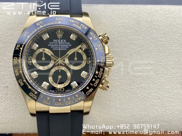 Rolex Daytona 116518 YG Clean Factory 1:1 Best Edition Black Ceramic Bezel Black Diamonds Dial on Oysterflex Rubber Strap A4130 - Super Clone Watch | 1:1 Best Version