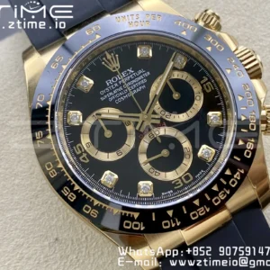 Rolex Daytona 116518 YG Clean Factory 1:1 Best Edition Black Ceramic Bezel Black Diamonds Dial on Oysterflex Rubber Strap A4130 - Super Clone Watch | 1:1 Best Version