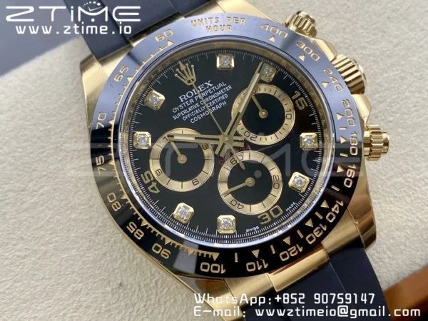 Rolex Daytona 116518 YG Clean Factory 1:1 Best Edition Black Ceramic Bezel Black Diamonds Dial on Oysterflex Rubber Strap A4130 - Super Clone Watch | 1:1 Best Version