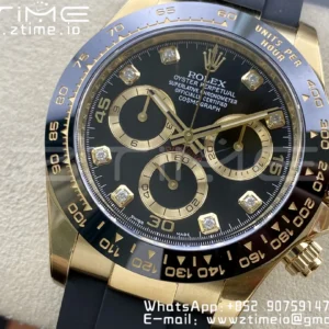 Rolex Daytona 116518 YG Clean Factory 1:1 Best Edition Black Ceramic Bezel Black Diamonds Dial on Oysterflex Rubber Strap A4130 - Super Clone Watch | 1:1 Best Version