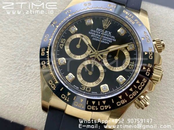 Rolex Daytona 116518 YG Clean Factory 1:1 Best Edition Black Ceramic Bezel Black Diamonds Dial on Oysterflex Rubber Strap A4130 - Super Clone Watch | 1:1 Best Version
