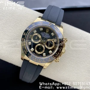 Rolex Daytona 116518 YG Clean Factory 1:1 Best Edition Black Ceramic Bezel Black Diamonds Dial on Oysterflex Rubber Strap A4130 - Super Clone Watch | 1:1 Best Version
