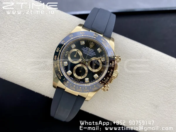 Rolex Daytona 116518 YG Clean Factory 1:1 Best Edition Black Ceramic Bezel Black Diamonds Dial on Oysterflex Rubber Strap A4130 - Super Clone Watch | 1:1 Best Version