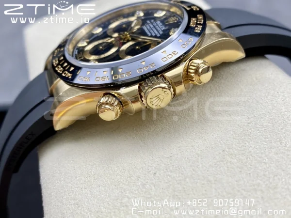 Rolex Daytona 116518 YG Clean Factory 1:1 Best Edition Black Ceramic Bezel Black Diamonds Dial on Oysterflex Rubber Strap A4130 - Super Clone Watch | 1:1 Best Version