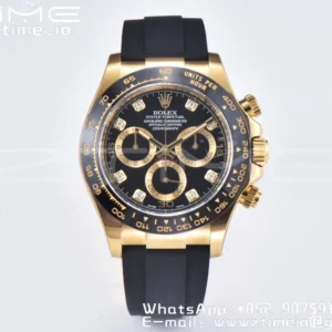 Rolex Daytona 116518 YG Clean Factory 1:1 Best Edition Black Ceramic Bezel Black Diamonds Dial on Oysterflex Rubber Strap A4130 - Super Clone Watch | 1:1 Best Version