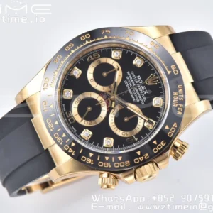 Rolex Daytona 116518 YG Clean Factory 1:1 Best Edition Black Ceramic Bezel Black Diamonds Dial on Oysterflex Rubber Strap A4130 - Super Clone Watch | 1:1 Best Version