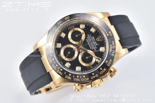 Rolex Daytona 116518 YG Clean Factory 1:1 Best Edition Black Ceramic Bezel Black Diamonds Dial on Oysterflex Rubber Strap A4130 - Super Clone Watch | 1:1 Best Version