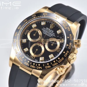 Rolex Daytona 116518 YG Clean Factory 1:1 Best Edition Black Ceramic Bezel Black Diamonds Dial on Oysterflex Rubber Strap A4130 - Super Clone Watch | 1:1 Best Version