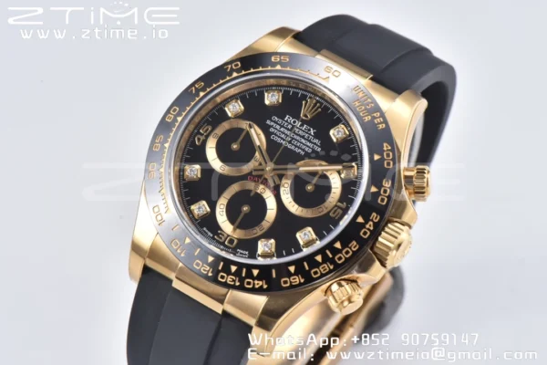 Rolex Daytona 116518 YG Clean Factory 1:1 Best Edition Black Ceramic Bezel Black Diamonds Dial on Oysterflex Rubber Strap A4130 - Super Clone Watch | 1:1 Best Version