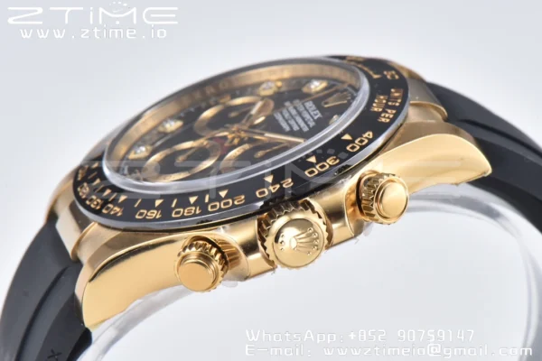 Rolex Daytona 116518 YG Clean Factory 1:1 Best Edition Black Ceramic Bezel Black Diamonds Dial on Oysterflex Rubber Strap A4130 - Super Clone Watch | 1:1 Best Version