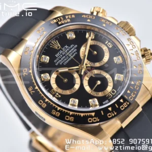 Rolex Daytona 116518 YG Clean Factory 1:1 Best Edition Black Ceramic Bezel Black Diamonds Dial on Oysterflex Rubber Strap A4130 - Super Clone Watch | 1:1 Best Version