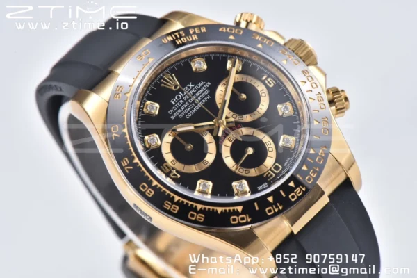Rolex Daytona 116518 YG Clean Factory 1:1 Best Edition Black Ceramic Bezel Black Diamonds Dial on Oysterflex Rubber Strap A4130 - Super Clone Watch | 1:1 Best Version