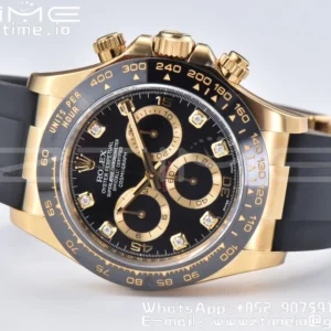 Rolex Daytona 116518 YG Clean Factory 1:1 Best Edition Black Ceramic Bezel Black Diamonds Dial on Oysterflex Rubber Strap A4130 - Super Clone Watch | 1:1 Best Version