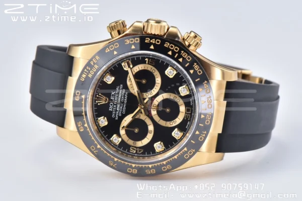 Rolex Daytona 116518 YG Clean Factory 1:1 Best Edition Black Ceramic Bezel Black Diamonds Dial on Oysterflex Rubber Strap A4130 - Super Clone Watch | 1:1 Best Version