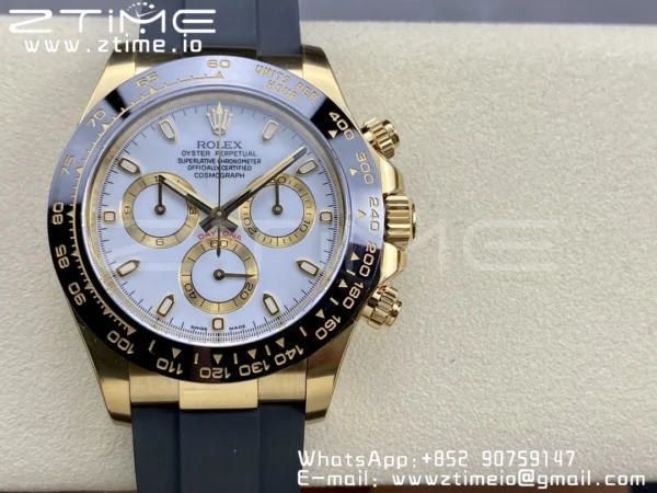 Rolex Daytona 116518 YG Clean Factory 1:1 Best Edition Black Ceramic Bezel White Stick Dial on Oysterflex Rubber Strap A4130 V2 - Super Clone Watch | 1:1 Best Version