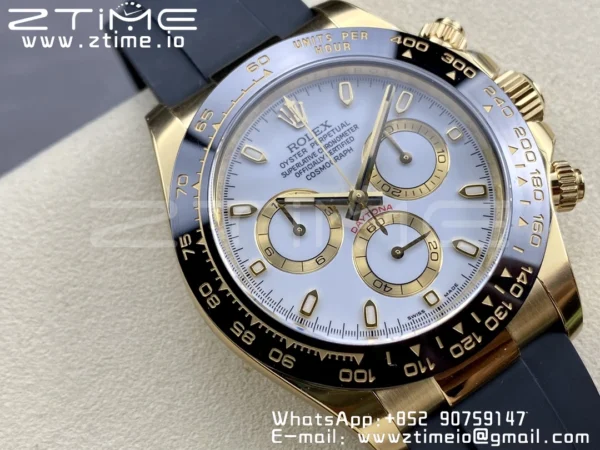 Rolex Daytona 116518 YG Clean Factory 1:1 Best Edition Black Ceramic Bezel White Stick Dial on Oysterflex Rubber Strap A4130 V2 - Super Clone Watch | 1:1 Best Version