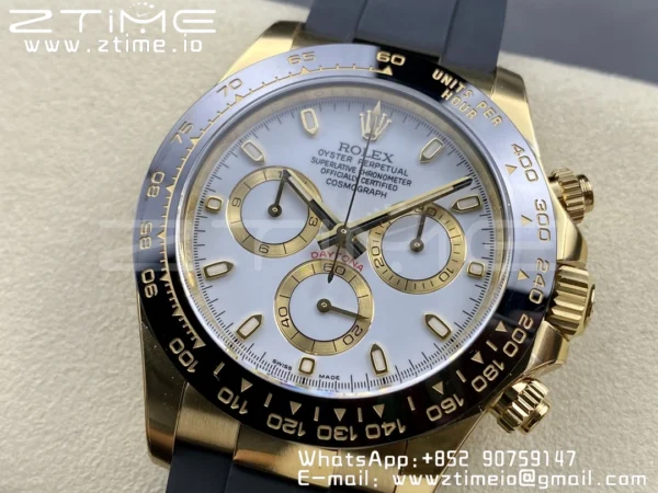 Rolex Daytona 116518 YG Clean Factory 1:1 Best Edition Black Ceramic Bezel White Stick Dial on Oysterflex Rubber Strap A4130 V2 - Super Clone Watch | 1:1 Best Version