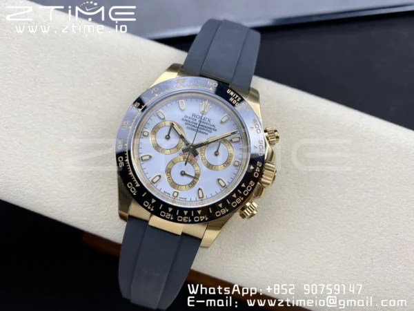 Rolex Daytona 116518 YG Clean Factory 1:1 Best Edition Black Ceramic Bezel White Stick Dial on Oysterflex Rubber Strap A4130 V2 - Super Clone Watch | 1:1 Best Version