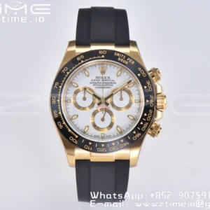 Rolex Daytona 116518 YG Clean Factory 1:1 Best Edition Black Ceramic Bezel White Stick Dial on Oysterflex Rubber Strap A4130 V2 - Super Clone Watch | 1:1 Best Version