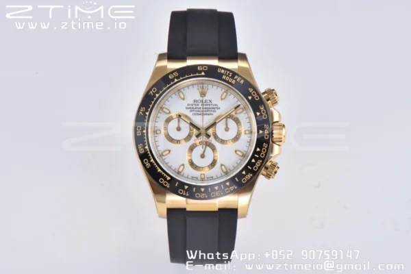 Rolex Daytona 116518 YG Clean Factory 1:1 Best Edition Black Ceramic Bezel White Stick Dial on Oysterflex Rubber Strap A4130 V2 - Super Clone Watch | 1:1 Best Version