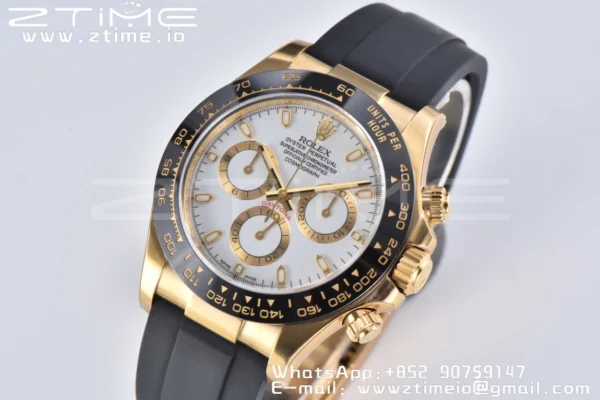 Rolex Daytona 116518 YG Clean Factory 1:1 Best Edition Black Ceramic Bezel White Stick Dial on Oysterflex Rubber Strap A4130 V2 - Super Clone Watch | 1:1 Best Version