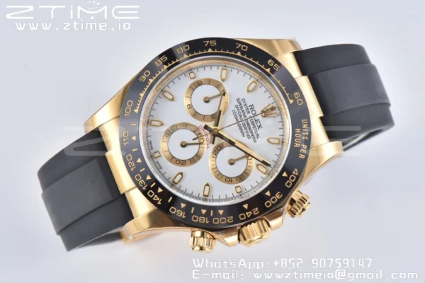 Rolex Daytona 116518 YG Clean Factory 1:1 Best Edition Black Ceramic Bezel White Stick Dial on Oysterflex Rubber Strap A4130 V2 - Super Clone Watch | 1:1 Best Version