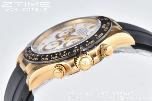 Rolex Daytona 116518 YG Clean Factory 1:1 Best Edition Black Ceramic Bezel White Stick Dial on Oysterflex Rubber Strap A4130 V2 - Super Clone Watch | 1:1 Best Version