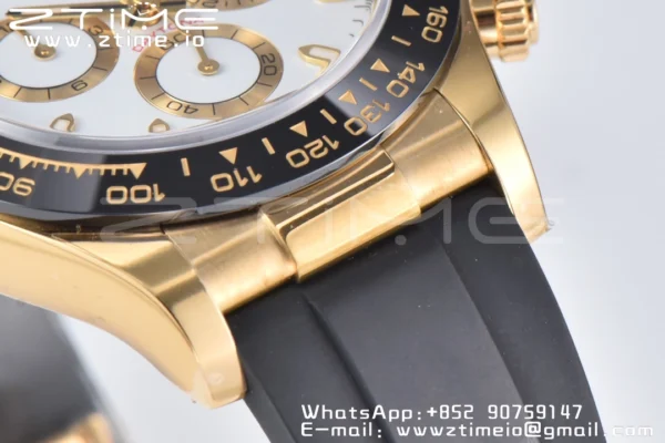 Rolex Daytona 116518 YG Clean Factory 1:1 Best Edition Black Ceramic Bezel White Stick Dial on Oysterflex Rubber Strap A4130 V2 - Super Clone Watch | 1:1 Best Version