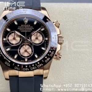 Rolex Daytona 116515 RG Clean Factory 1:1 Best Edition Lunetta in ceramica nera Quadrante nero a bastoni su cinturino in gomma Oysterflex A4130 v2 - Orologio Super Clone | 1:1 Best Version