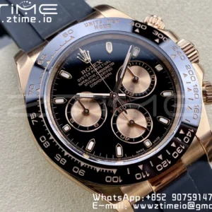 Rolex Daytona 116515 RG Clean Factory 1:1 Best Edition Lunetta in ceramica nera Quadrante nero a bastoni su cinturino in gomma Oysterflex A4130 v2 - Orologio Super Clone | 1:1 Best Version