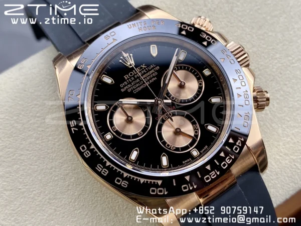 Rolex Daytona 116515 RG Clean Factory 1:1 Best Edition Lunetta in ceramica nera Quadrante nero a bastoni su cinturino in gomma Oysterflex A4130 v2 - Orologio Super Clone | 1:1 Best Version