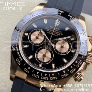 Rolex Daytona 116515 RG Clean Factory 1:1 Best Edition Lunetta in ceramica nera Quadrante nero a bastoni su cinturino in gomma Oysterflex A4130 v2 - Orologio Super Clone | 1:1 Best Version