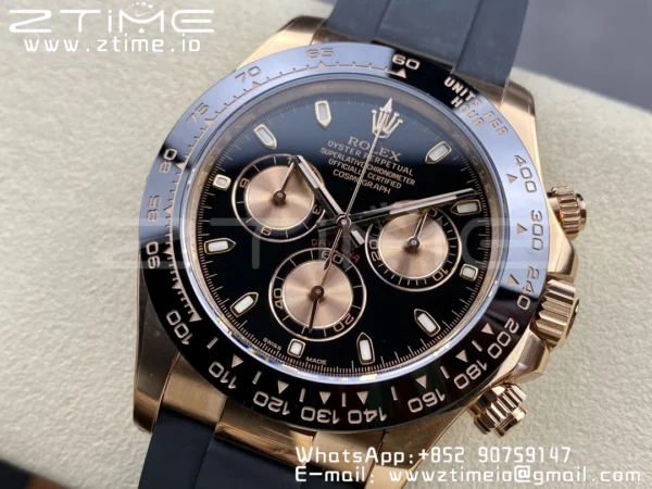 Rolex Daytona 116515 RG Clean Factory 1:1 Best Edition Lunetta in ceramica nera Quadrante nero a bastoni su cinturino in gomma Oysterflex A4130 v2 - Orologio Super Clone | 1:1 Best Version
