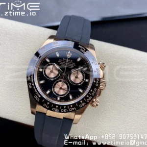 Rolex Daytona 116515 RG Clean Factory 1:1 Best Edition Lunetta in ceramica nera Quadrante nero a bastoni su cinturino in gomma Oysterflex A4130 v2 - Orologio Super Clone | 1:1 Best Version