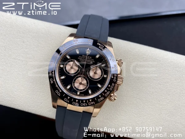 Rolex Daytona 116515 RG Clean Factory 1:1 Best Edition Lunetta in ceramica nera Quadrante nero a bastoni su cinturino in gomma Oysterflex A4130 v2 - Orologio Super Clone | 1:1 Best Version