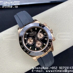 Rolex Daytona 116515 RG Clean Factory 1:1 Best Edition Lunetta in ceramica nera Quadrante nero a bastoni su cinturino in gomma Oysterflex A4130 v2 - Orologio Super Clone | 1:1 Best Version