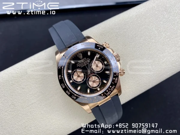 Rolex Daytona 116515 RG Clean Factory 1:1 Best Edition Lunetta in ceramica nera Quadrante nero a bastoni su cinturino in gomma Oysterflex A4130 v2 - Orologio Super Clone | 1:1 Best Version
