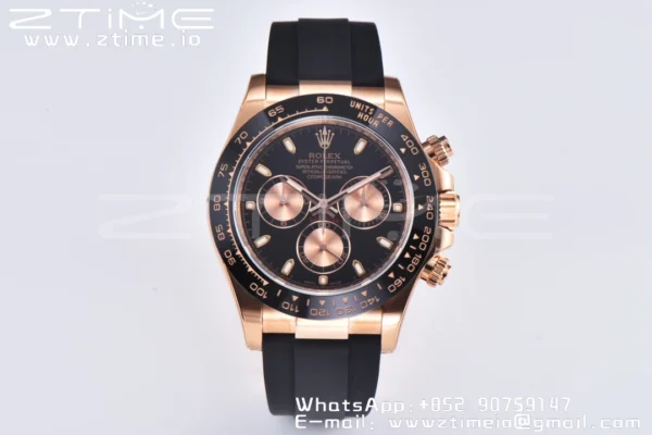 Rolex Daytona 116515 RG Clean Factory 1:1 Best Edition Lunetta in ceramica nera Quadrante nero a bastoni su cinturino in gomma Oysterflex A4130 v2 - Orologio Super Clone | 1:1 Best Version