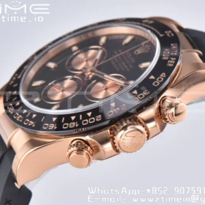 Rolex Daytona 116515 RG Clean Factory 1:1 Best Edition Lunetta in ceramica nera Quadrante nero a bastoni su cinturino in gomma Oysterflex A4130 v2 - Orologio Super Clone | 1:1 Best Version