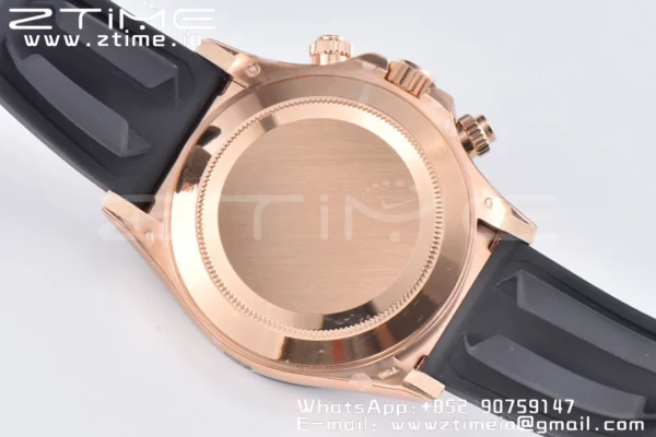 Rolex Daytona 116515 RG Clean Factory 1:1 Best Edition Lunetta in ceramica nera Quadrante nero a bastoni su cinturino in gomma Oysterflex A4130 v2 - Orologio Super Clone | 1:1 Best Version