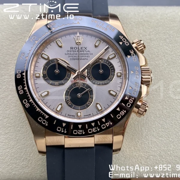 Rolex Daytona 116515 1:1 Best Edition Clean Factory Black Ceramic Bezel RG Stick Dial on Oysterflex Rubber Strap A4130 V2 - Super Clone Watch | 1:1 Best Version