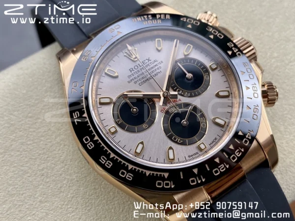 Rolex Daytona 116515 1:1 Best Edition Clean Factory Black Ceramic Bezel RG Stick Dial on Oysterflex Rubber Strap A4130 V2 - Super Clone Watch | 1:1 Best Version