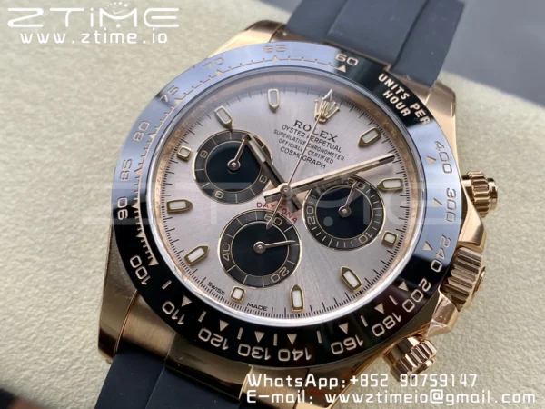Rolex Daytona 116515 1:1 Best Edition Clean Factory Black Ceramic Bezel RG Stick Dial on Oysterflex Rubber Strap A4130 V2 - Super Clone Watch | 1:1 Best Version