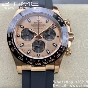 Rolex Daytona 116515 RG Clean Factory 1:1 Best Edition Black Ceramic Bezel RG Dial Black/White Stick on Oysterflex Rubber Strap A4130 V2 - Super Clone Watch | 1:1 Best Version