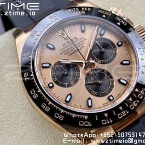 Rolex Daytona 116515 RG Clean Factory 1:1 Best Edition Black Ceramic Bezel RG Dial Black/White Stick on Oysterflex Rubber Strap A4130 V2 - Super Clone Watch | 1:1 Best Version